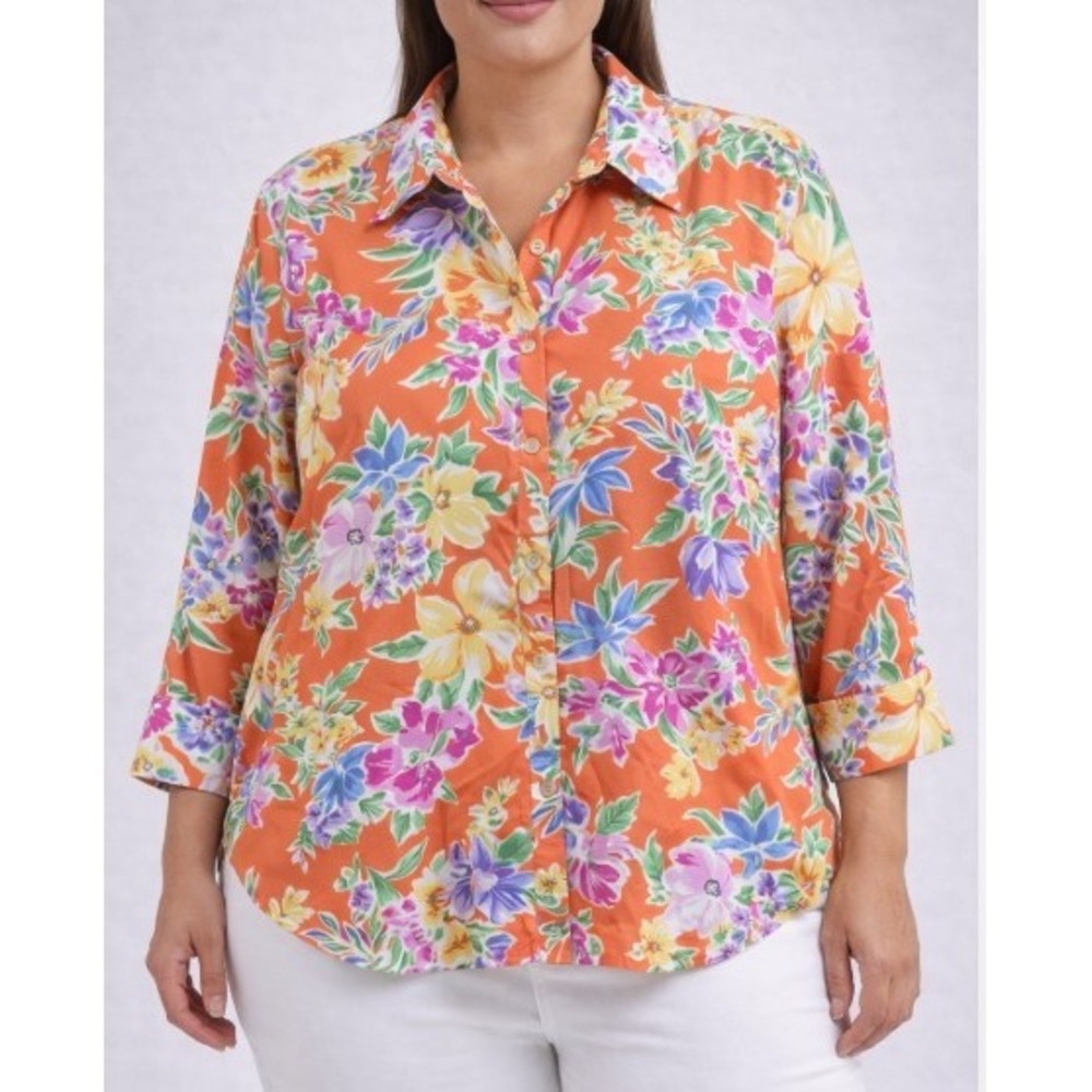 Lauren Ralph Lauren Blouse Orange Floral Cotton 3/4 Classic Preppy Resort Large